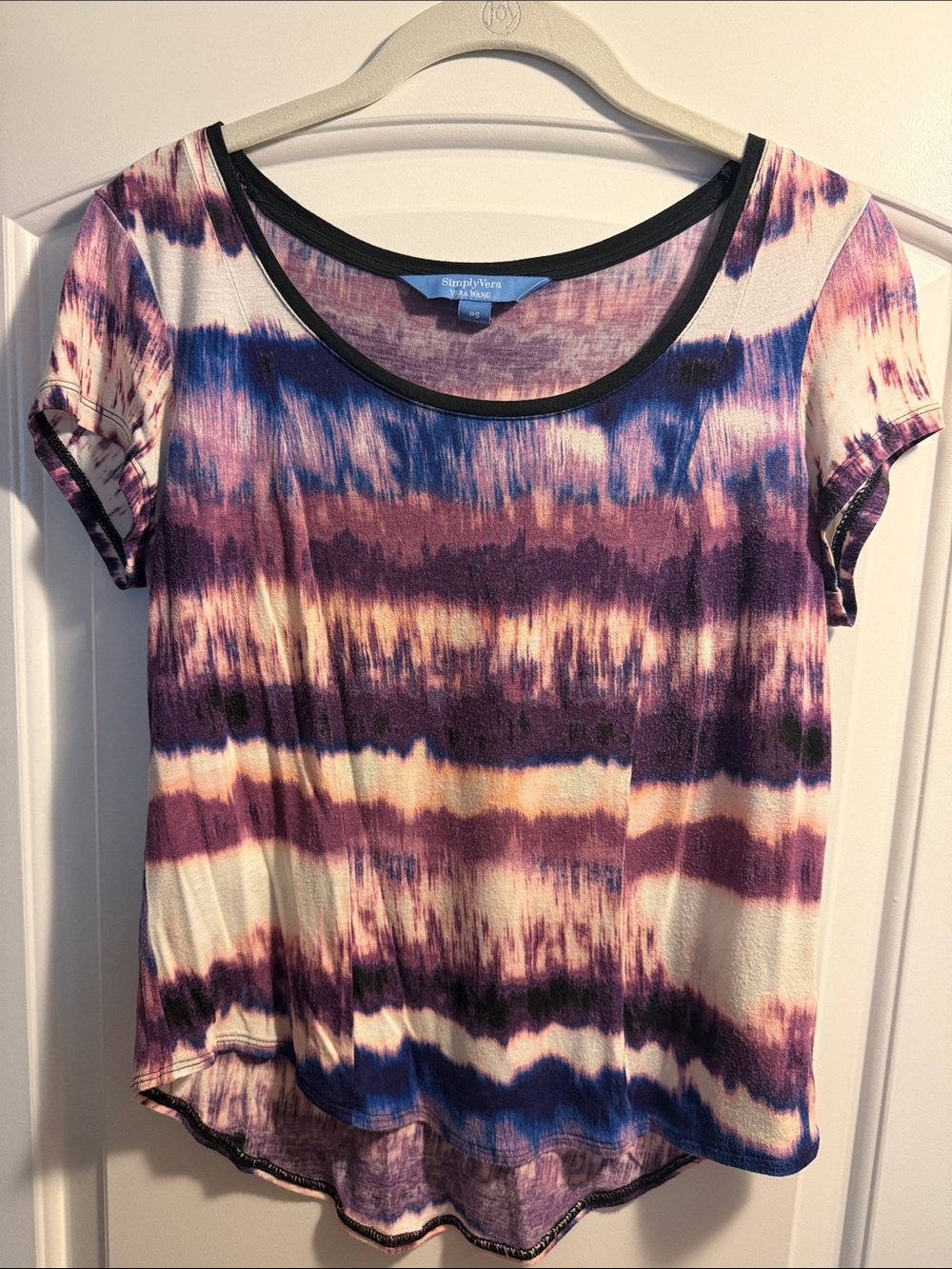 Simply Vera Vera Wang Purple, Blue Cream Tie-Dye Short Sleeve Scoop Top Size PS